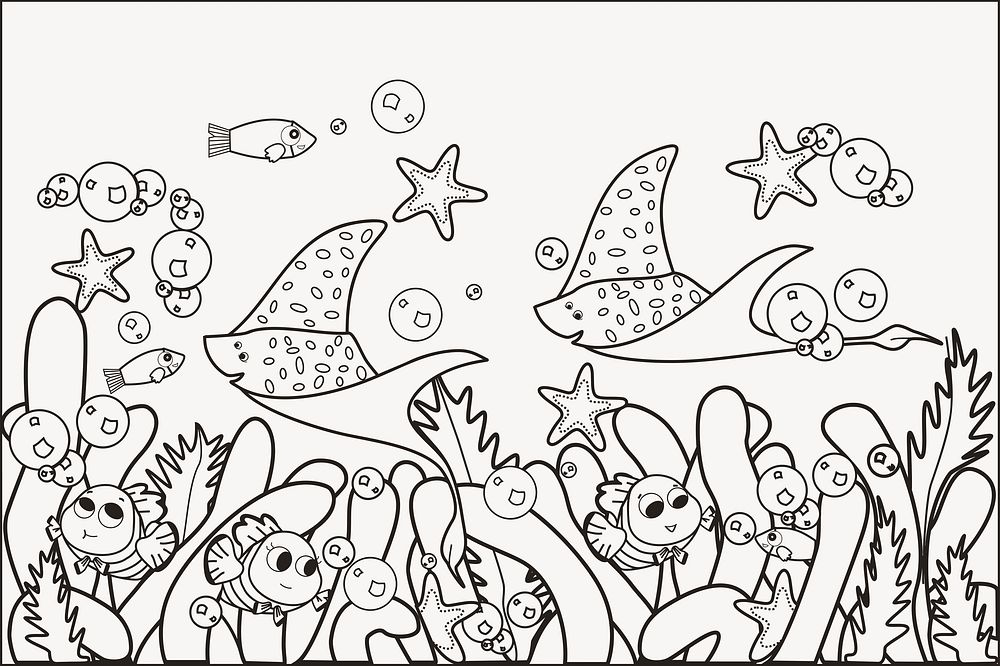 Cute underwater drawing, black and white illustration psd. Free public domain CC0 image.