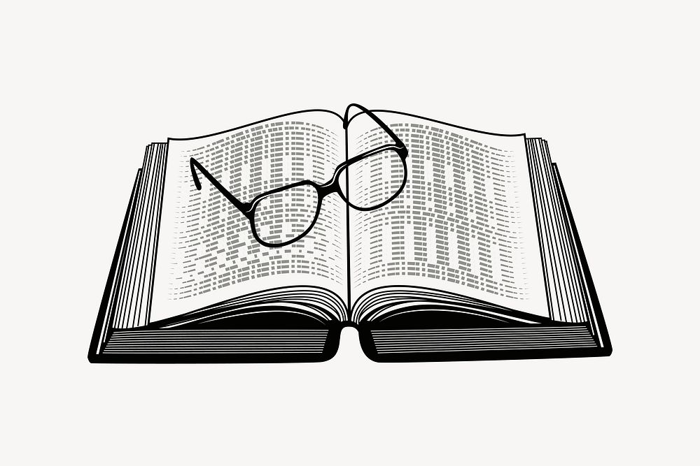 Eyeglasses on book  drawing, black and white illustration vector. Free public domain CC0 image.