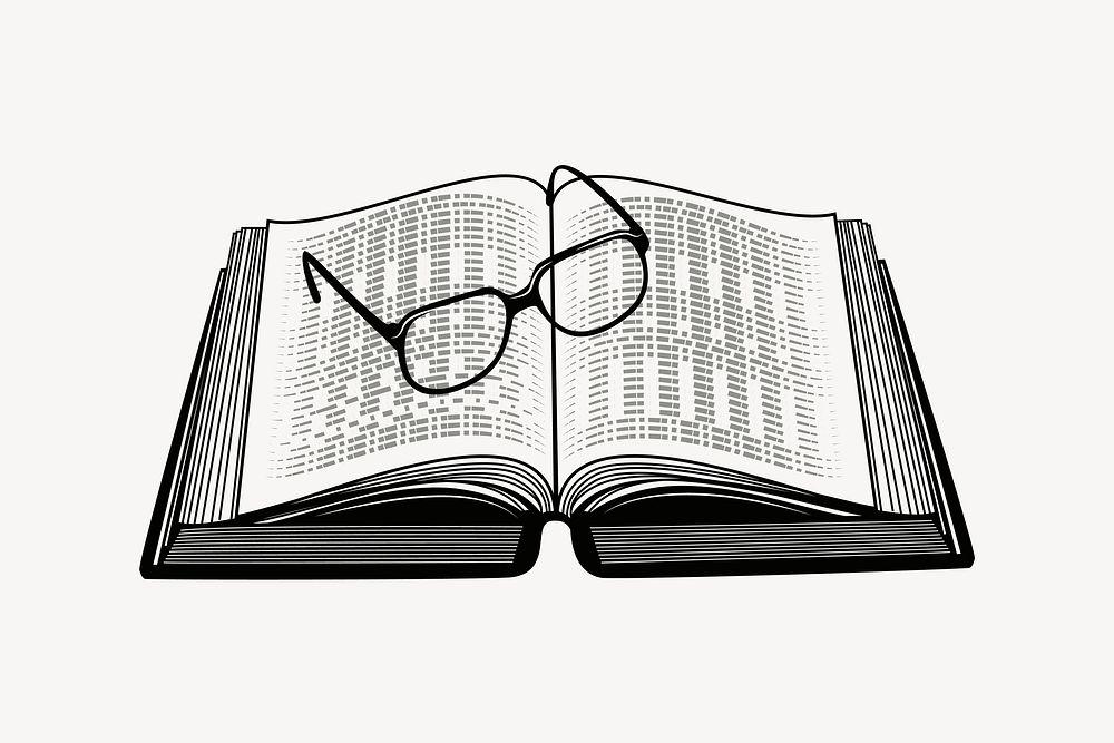 Eyeglasses on book  illustration, black and white drawing. Free public domain CC0 image.