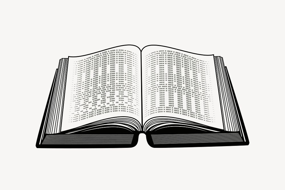 Open book drawing, black and white illustration vector. Free public domain CC0 image.