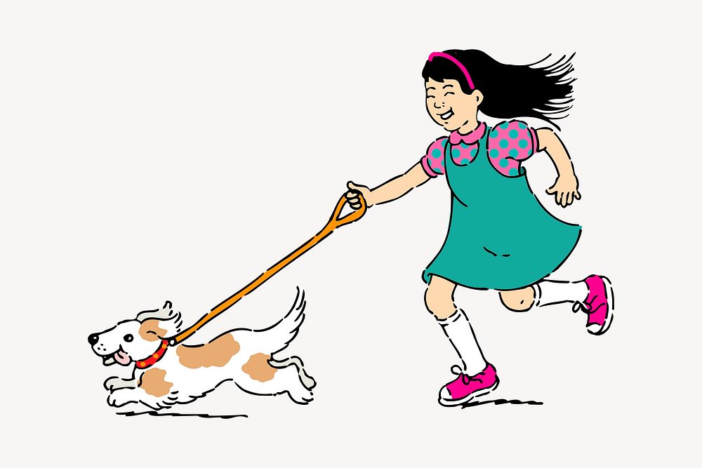 Girl walking a dog illustration. Free public domain CC0 image.