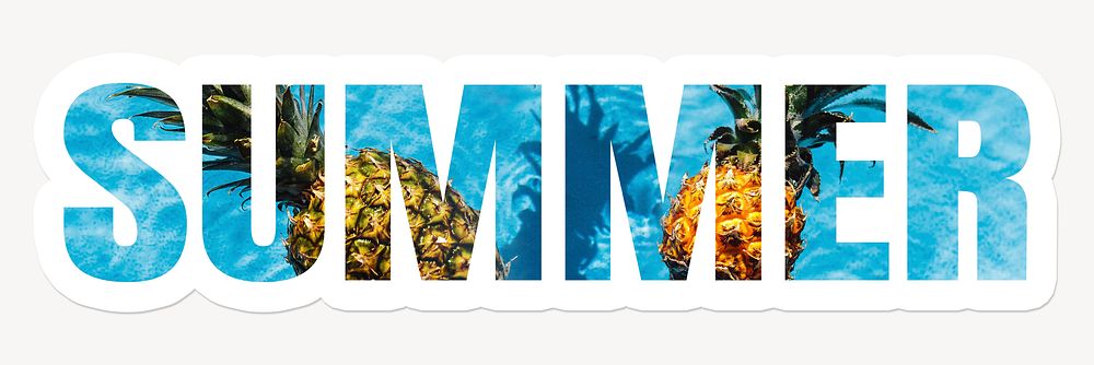 Summer word, white border text, pineapple in a swimming pool