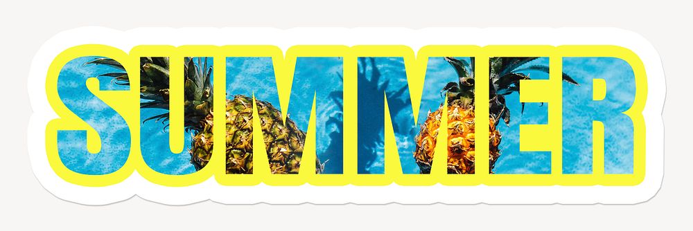Summer word, yellow and blue graphic, pineapple in a swimming pool
