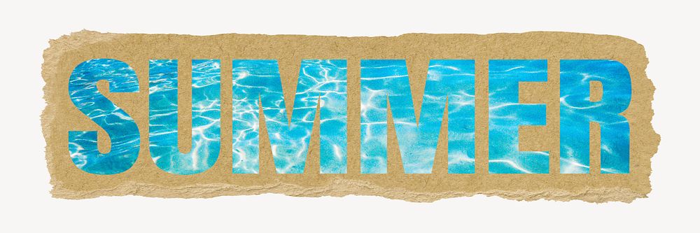 Summer word, ripped paper graphic, blue water in a swimming pool