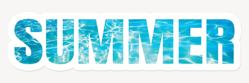 Summer word typography, white border text, blue water in a swimming pool