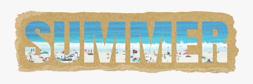 Summer word, ripped paper graphic, beach vacation