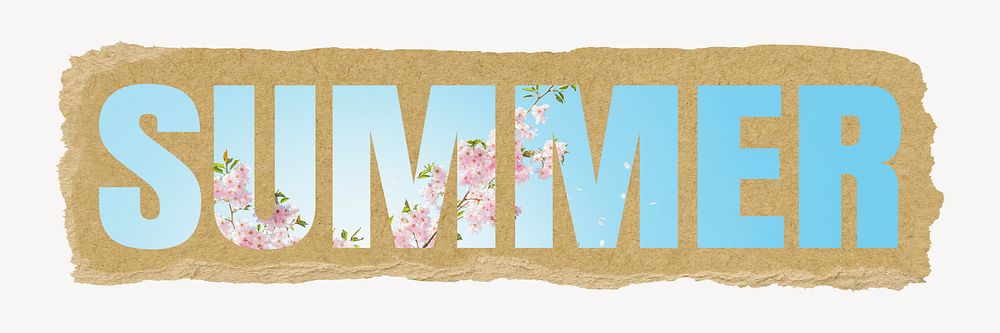 Summer word, ripped paper graphic, cherry blossom tree
