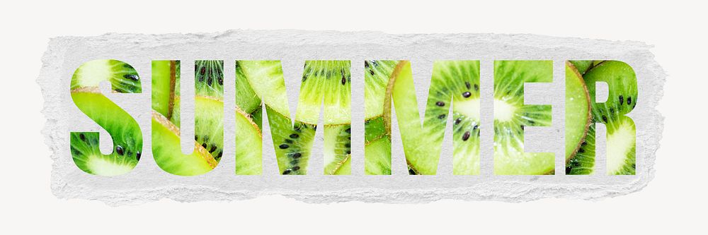 Summer word, torn paper graphic, green kiwi fruit