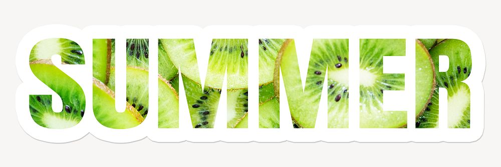 Summer word typography, white border text, green kiwi fruit