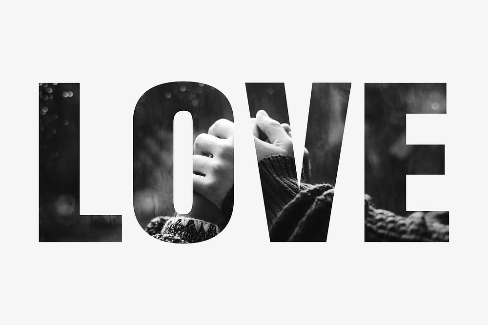 Love word typography, couple holding hands together