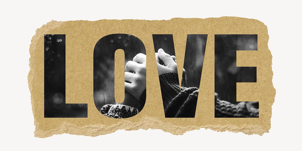 Love word, ripped paper graphic, couple holding hands together