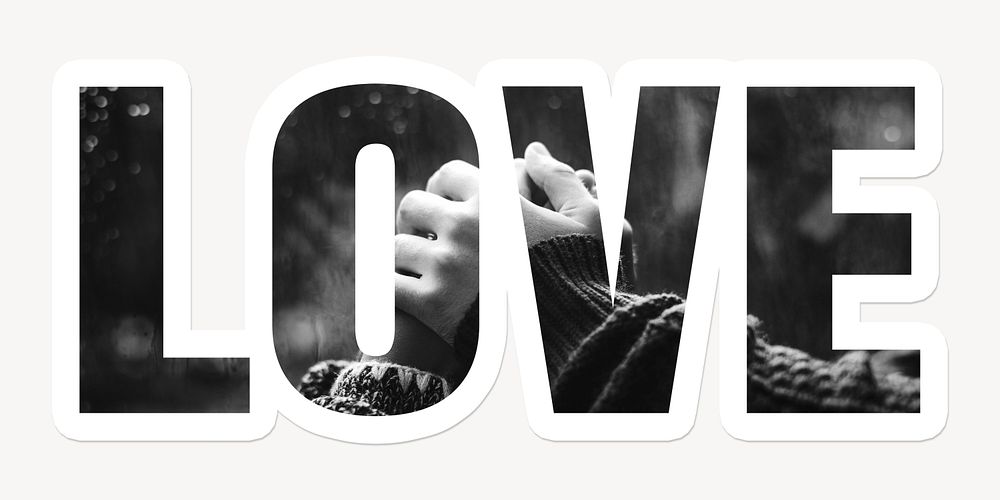 Love word typography, white border text, couple holding hands together