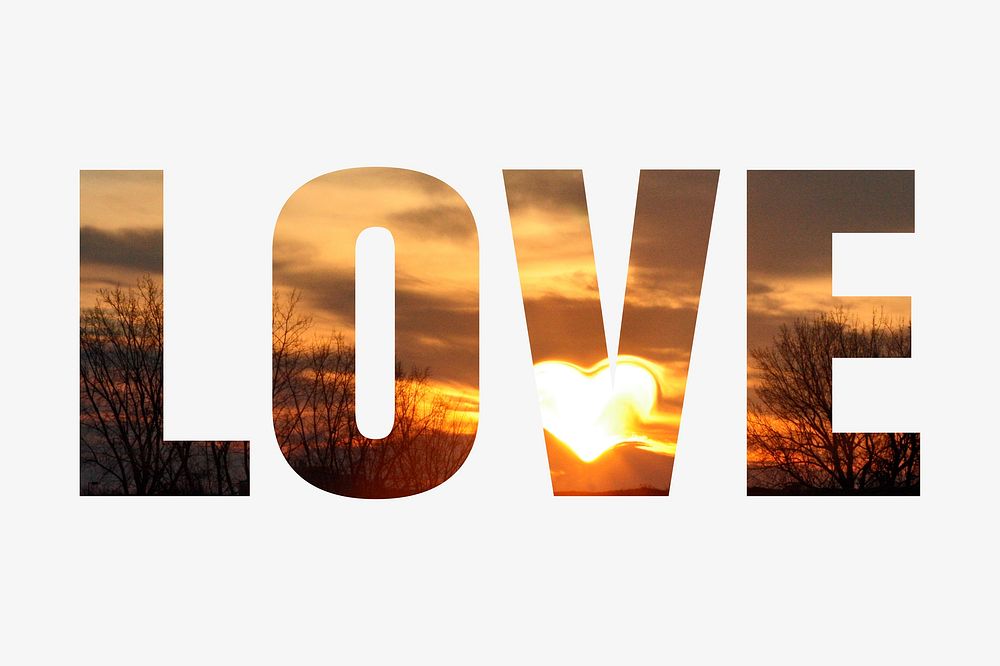 Love word typography, heart shape sunrise