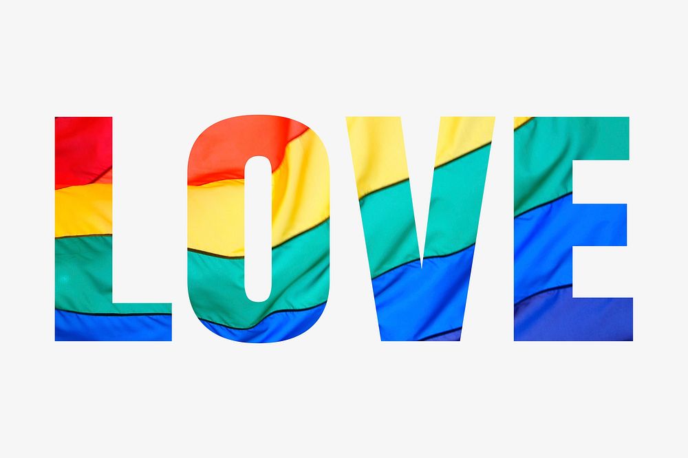 Love word typography, LGBTQ flag texture