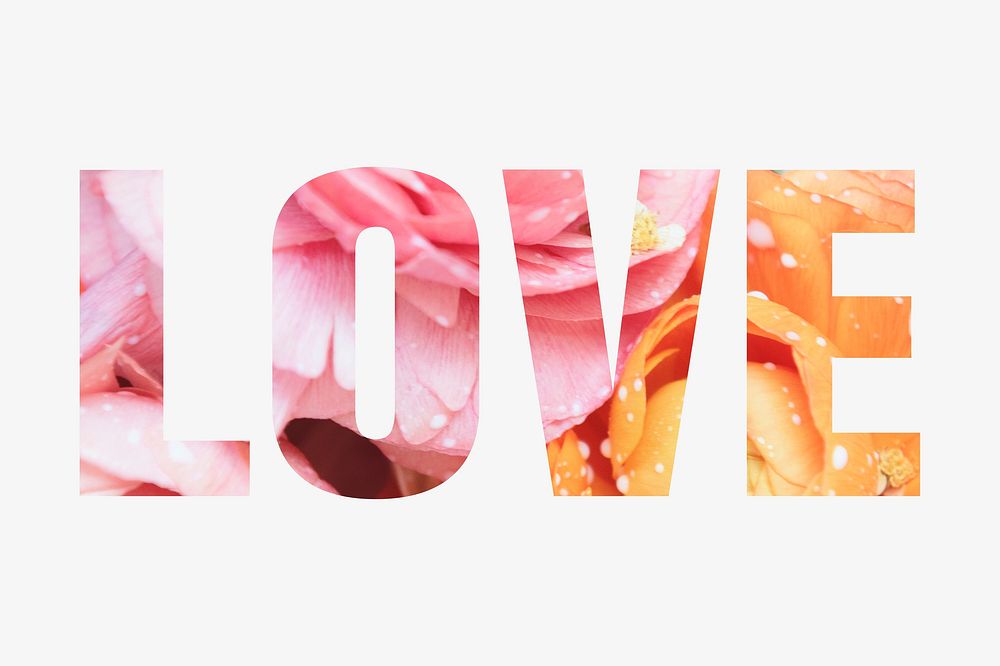 Love word typography, fresh summer flowers