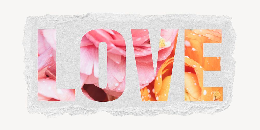 Love word, ripped paper graphic, fresh summer flowers