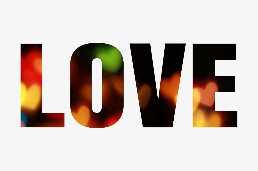Love word typography, heart bokeh in the dark