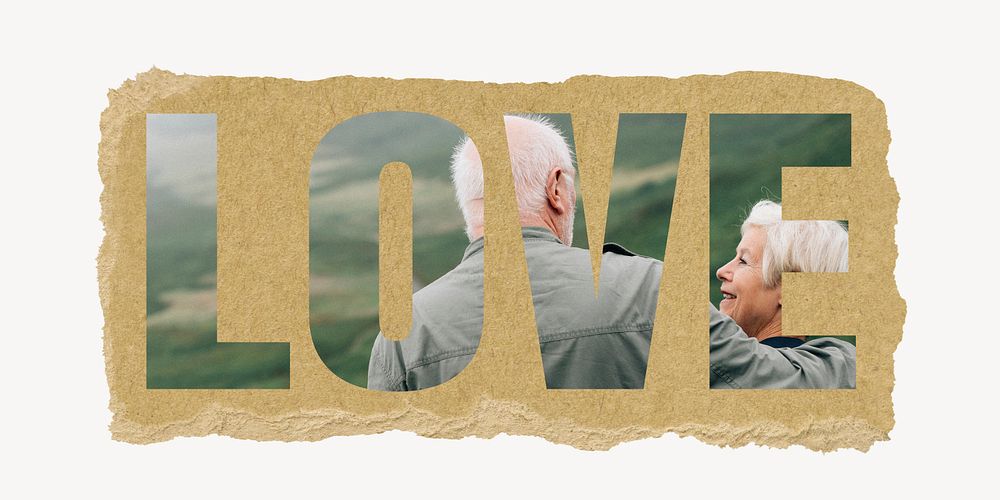Love word, ripped paper graphic, senior couples outdoors