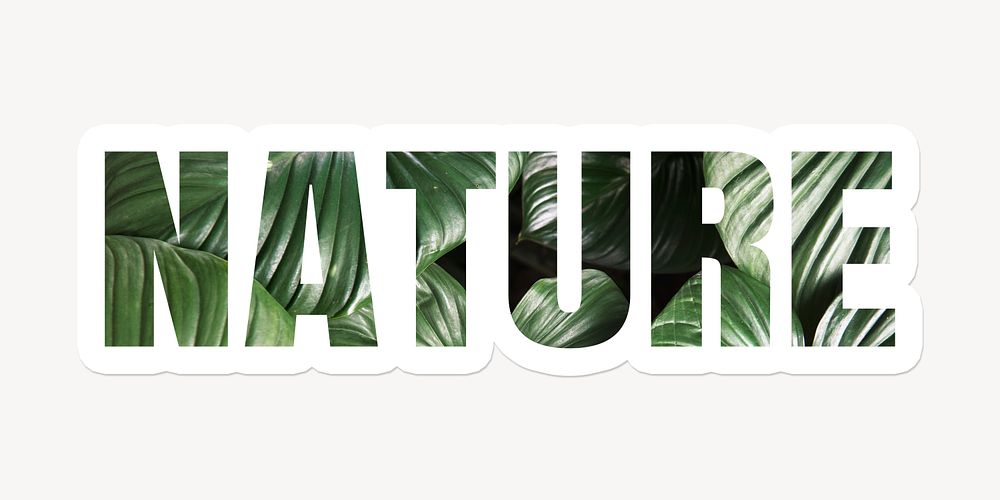 Nature word typography, white border text, green tropical leaves