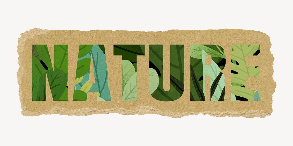 Nature word, torn paper graphic, green leaves illustration