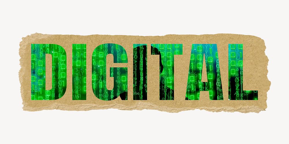 Digital word, ripped paper graphic, green coding graphic