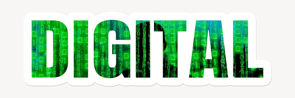 Digital word typography, white border text, green coding graphic