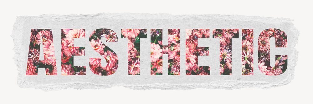 Aesthetic word, ripped paper graphic, feminine pink flowers