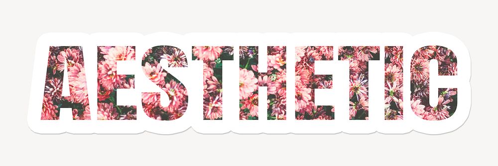 Aesthetic word typography, white border text, feminine pink flowers