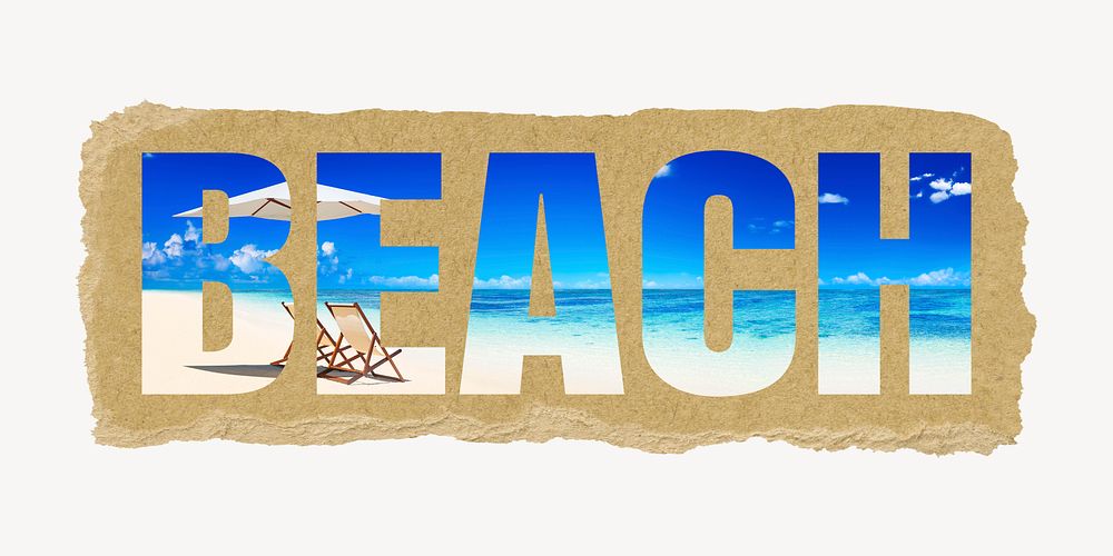 Beach word, ripped paper graphic, summer vacation travel