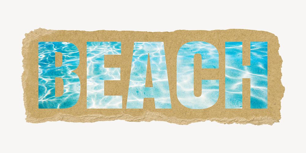 Beach word, ripped paper graphic, blue water texture