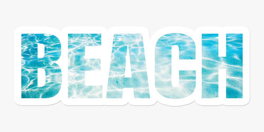 Beach word typography, white border text, blue water texture