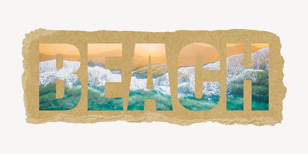 Beach word, ripped paper graphic, summer vacation