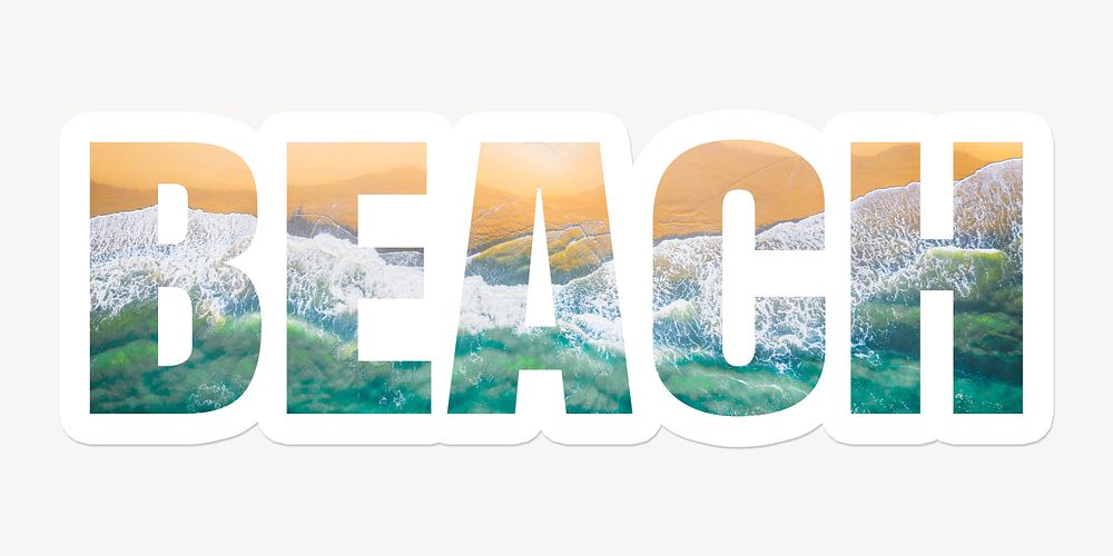 Beach word typography, white border text, summer vacation