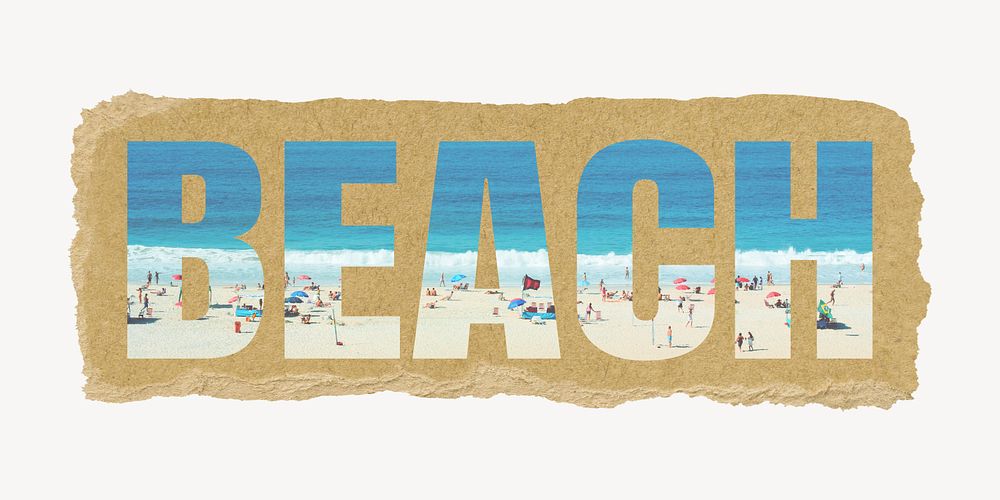Beach word, ripped paper graphic, summer holiday and travel