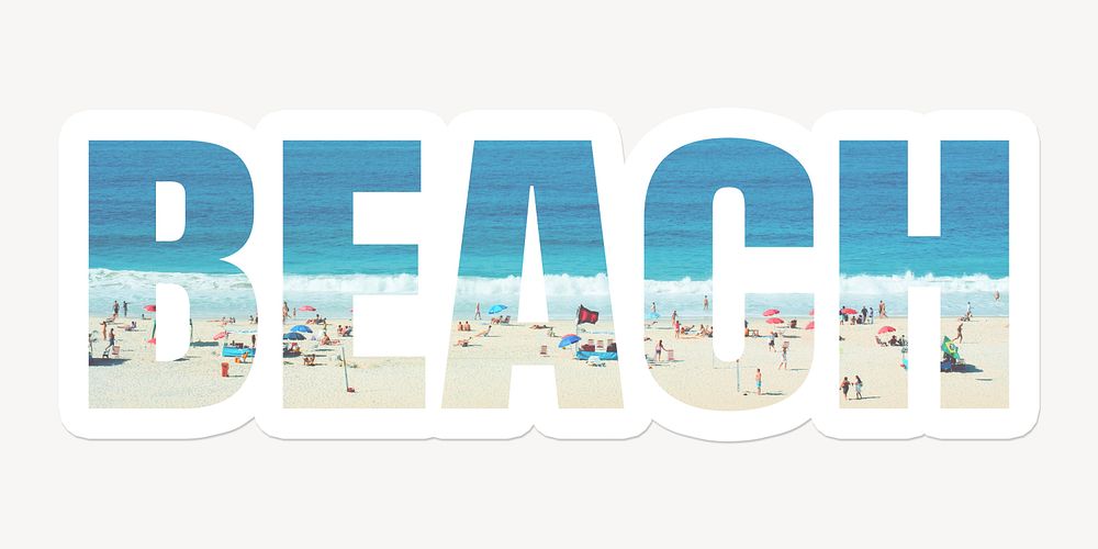 Beach word typography, white border text, summer holiday and travel