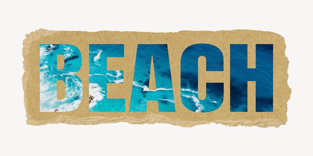 Beach word, ripped paper graphic, blue ocean water