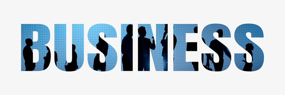 Business word typography, corporate people silhouette