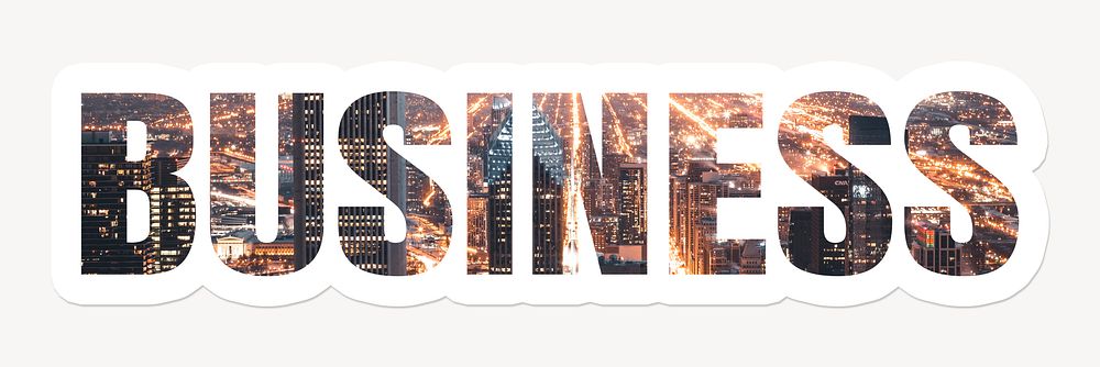Business word typography, white border text, city light