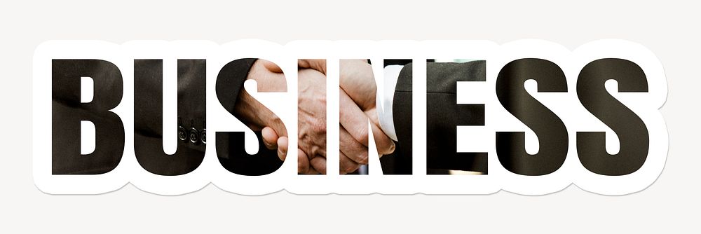 Business word typography, white border text, people shaking hands