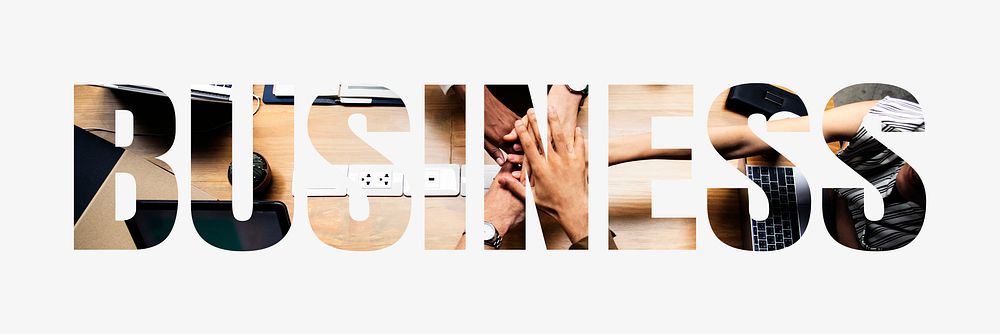 Business word typography, hands together for team spirit
