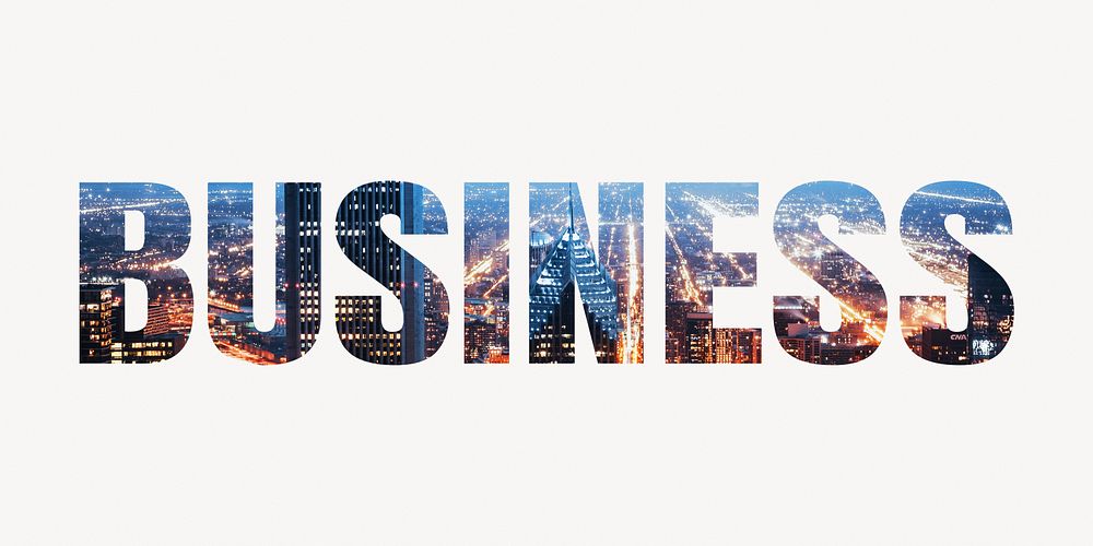 Business word typography, downtown city lights