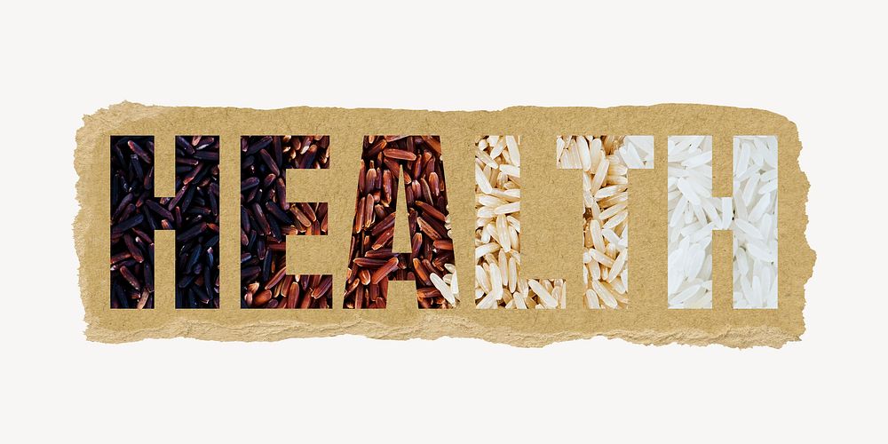 Health word, ripped paper graphic, rice grains