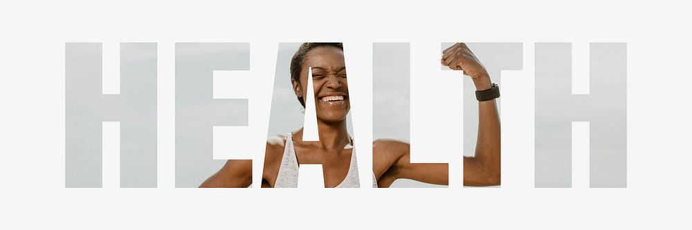 Health word typography, sporty woman flexing
