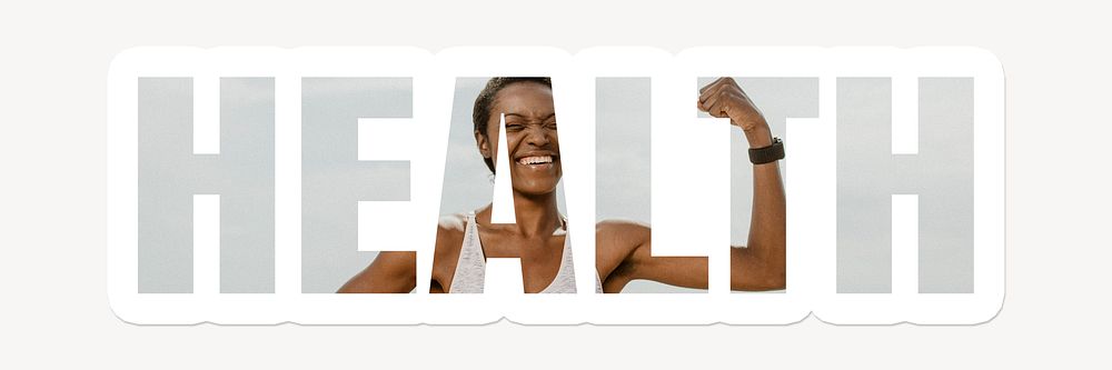 Health word typography, white border text, sporty woman flexing