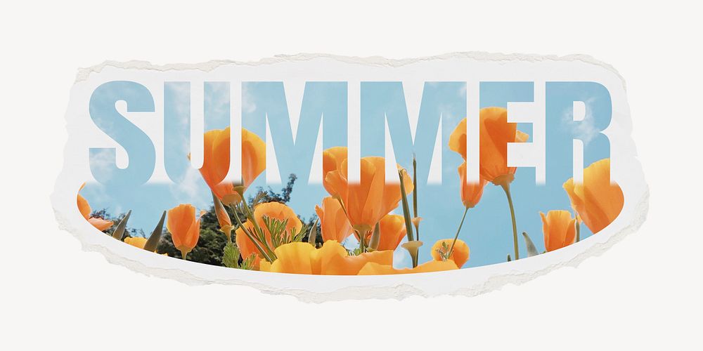 Summer word, torn paper, flower design