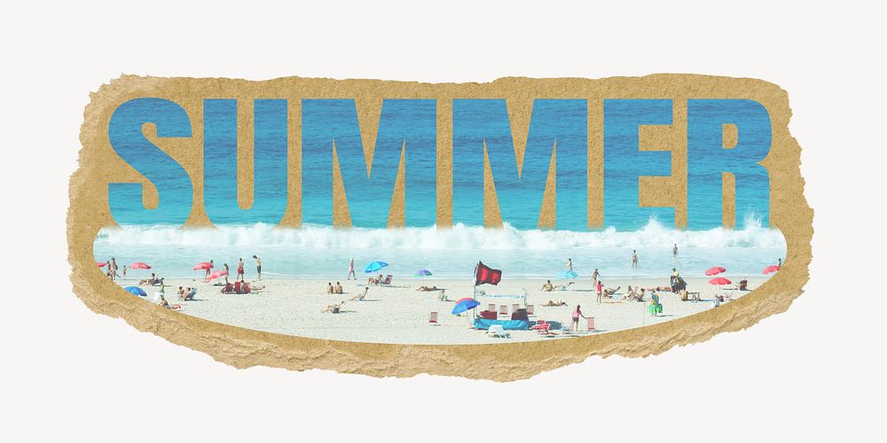 Summer word, torn paper, beach design