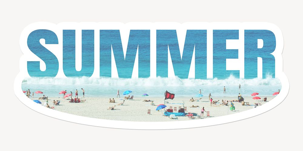 Summer word, beach white border sticker typography