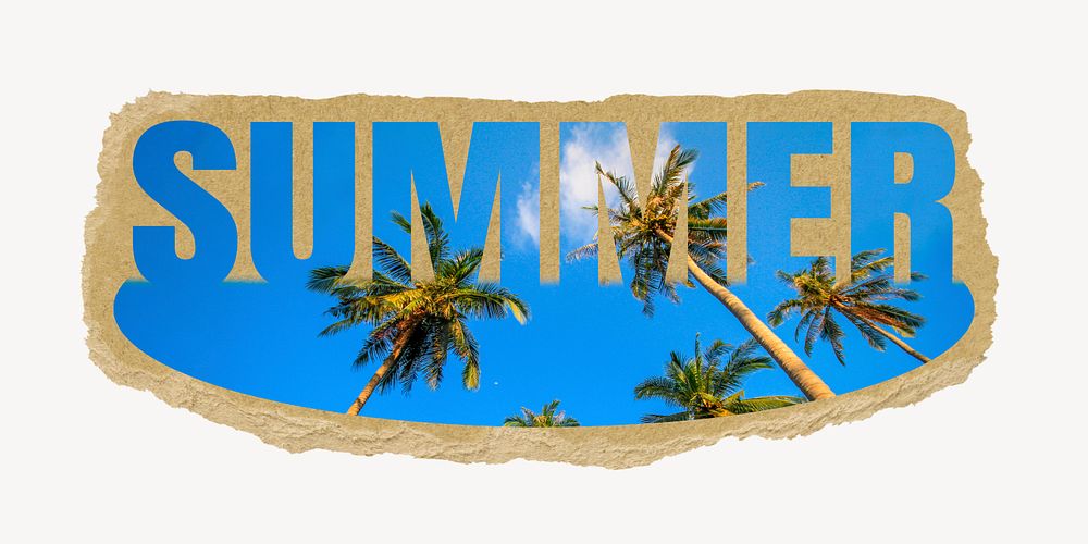 Summer word, palm tree, torn paper, cut out design