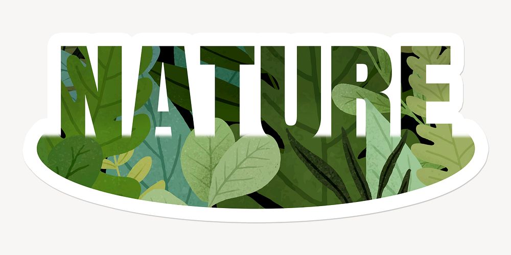 Nature word, white border sticker typography