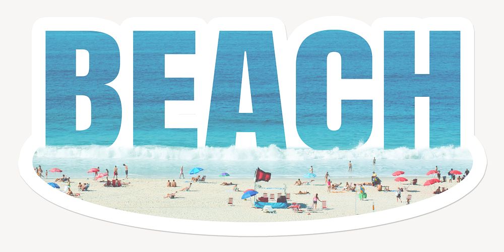 Beach word, white border sticker typography